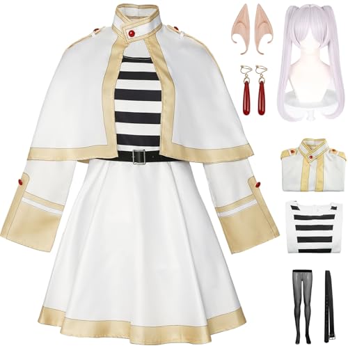 Hallojojo Frieren Kostüm Damen Cosplay Anime Frieren at The Funeral Weiß Uniform Set Schal Kleid Gürtel Socken Ohren Ohrringe und Perücke für Halloween Karneval Party Geburtstag Maskenball Verkleidung von Hallojojo