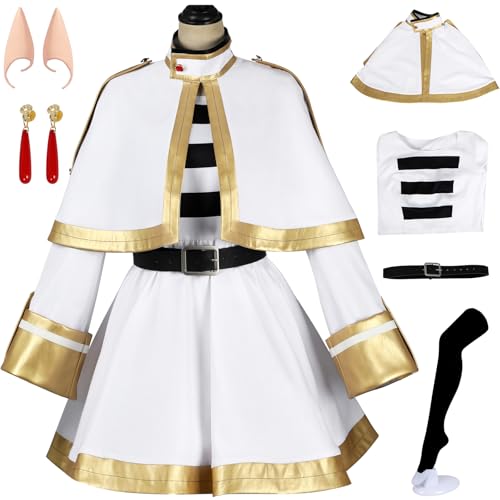Hallojojo Frieren Kostüm Damen Cosplay Anime Frieren at The Funeral Weiß Uniform Set Schal Kleid Gürtel Socken mit Ohren Ohrringe für Halloween Karneval Party Geburtstag Maskenball Verkleidung von Hallojojo