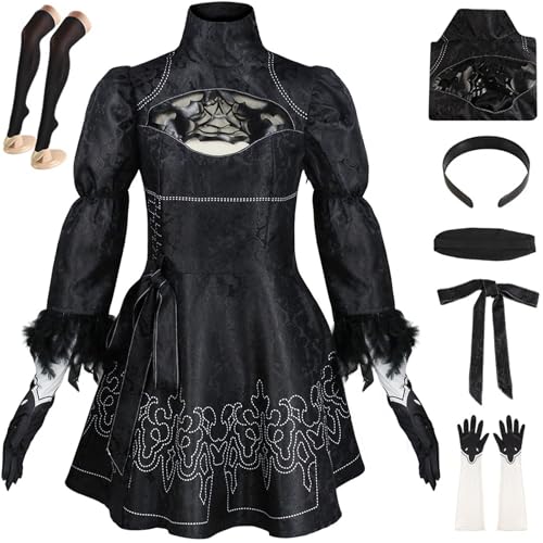 Hallojojo Game 2B Kostüm Damen Fasching Cosplay Yorha2B Komplett Gothic Uniform Kleid Gürtel Handschuhe Haarreif Socken Augenbinde Set für Halloween Karneval Party Maskerade Anime Verkleidung, Schwarz Hallojojo Game 2B Kostüm Damen Fasching Cosplay Yorha2B Komplett Gothic Uniform Kleid Gürtel Handschuhe Haarreif Socken Augenbinde Set für Halloween Karneval Party Maskerade Anime Verkleidung, Schwarz von Hallojojo