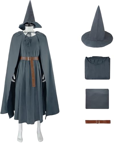 Hallojojo Gandalf Kostüm Herren Fasching Cosplay Hobbits Gandalf Wizard Outfit Kapuzenumhang Robe Gürtel Hut Set für Fancy Dress Up Halloween Karneval Party Geburtstag Maskerade Verkleidung von Hallojojo