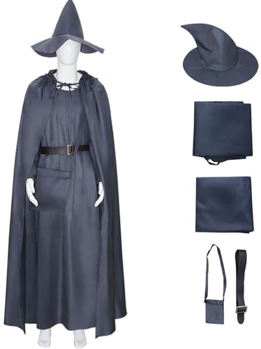 Hallojojo Gandalf Kostüm Herren Fasching Cosplay Hobbits Gandalf Wizard Outfit Kapuzenumhang Robe Gürtel Hut Tasche Set für Fancy Dress Up Halloween Karneval Party Geburtstag Maskerade Verkleidung von Hallojojo