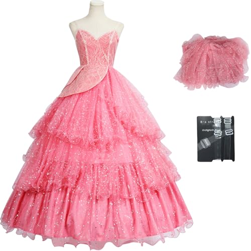 Hallojojo Glinda ‌Kostüm Damen Fasching Cosplay Wicked Fee Glinda Rosa Pailletten Langes Ballkleid und Träger für Halloween Weihnachten Karneval Party Geburtstag Prinzessin Festkleid Verkleidung von Hallojojo
