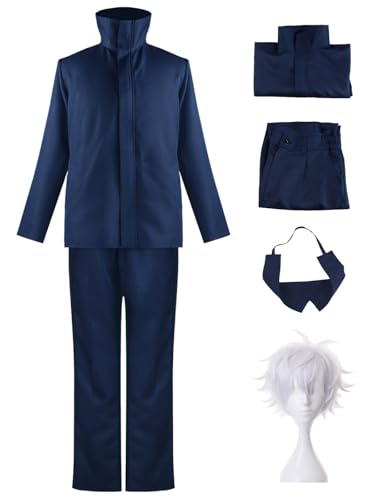 Hallojojo Gojo Satoru Cosplay Kostüm Komplettes Set mit Perücke Anime Jujutsu Kaisen Verkleidung Satoru Gojo Cosplay Uniform Weihnachten Halloween Karneval Party Fancy Kostüm für Erwachsene von Hallojojo