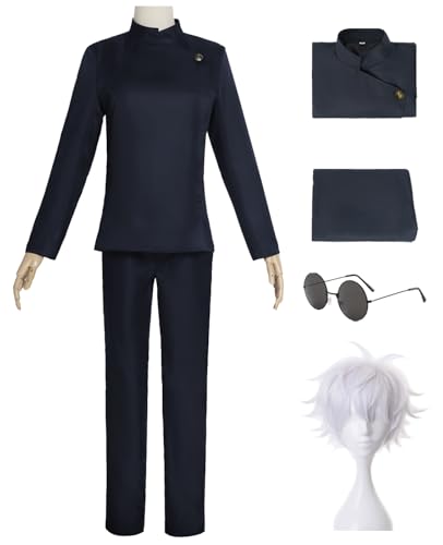 Hallojojo Gojo Satoru Cosplay Kostüm Komplettes Set mit Perücke Anime Jujutsu Kaisen Verkleidung Satoru Gojo Schuluniform Weihnachten Halloween Karneval Party Fancy Kostüm für Erwachsene von Hallojojo