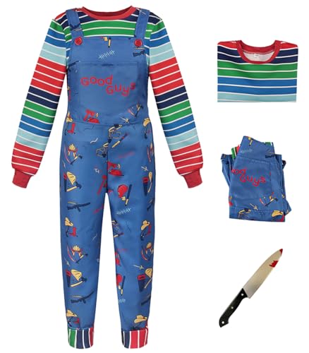 Hallojojo Herren Chucky Cosplay Kostüm Set mit Attrappen Messer Horror Killerpuppe Chucky Verkleidung Mörder Puppe Grusel Kostüm Weihnachten Halloween Karneval Party Fancy Dress Größe S-3XL von Hallojojo