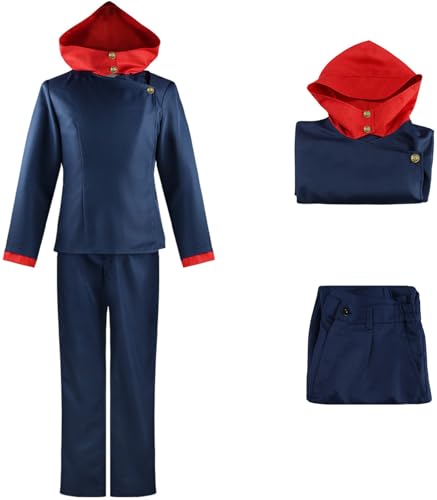 Hallojojo Itadori Yuji Kostüm Herren Cosplay Anime Beschwörer Itadori Yuji Schuluniform Set Kapuzenoberteil und Hose Augenmaske für Halloween Karneval Party Maskenball Verkleidung, Schwarz, Blau von Hallojojo