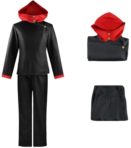 Hallojojo Itadori Yuji Kostüm Herren Cosplay Anime Beschwörer Itadori Yuji Schuluniform Set Kapuzenoberteil und Hose Augenmaske für Halloween Karneval Party Maskenball Verkleidung, Schwarz, Blau von Hallojojo