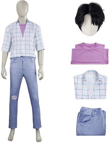 Hallojojo Jinu Kostüm Herren Cosplay Demon Boyband Saja Boys Jinu Idol Uniform Gitter Shirt und Weste Hose mit Perücke Set für Halloween Karneval Party Geburtstag Maskenball Anime Show Verkleidung von Hallojojo