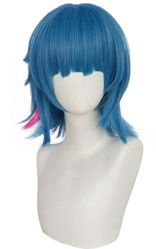 Hallojojo Jinx Cosplay Perücken Damen Blau 33CM Kurze Haare Hochtemperaturdraht Perücke mit Gerader Pony Verkleidung Game Jinx Halloween Karneval Party Maskenball Kostüm Zubehör Anime Wig von Hallojojo