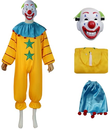 Hallojojo Killer Klowns Kostüm Erwachsene Fasching Cosplay Horrorfilm Alien Killer Zirkus Clown Kostüme Overall Schal Maske Set für Fancy Dress Up Halloween Karneval Party Maskerade Verkleidung, Gelb von Hallojojo