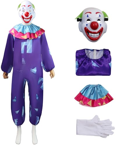 Hallojojo Killer Klowns Kostüm mit Maske Erwachsene Cosplay Horrorfilm Alien Killer Clown Kostüme Overall Schal Handschuhe Set für Dress Up Halloween Karneval Party Maskerade Verkleidung, Lila von Hallojojo