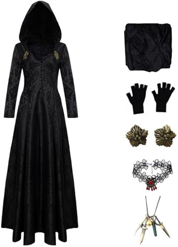 Hallojojo Lady Dimitrescu Kostüm Damen Cosplay Spiel 8 Daniela Dimitrescu Gothic Lang Kapuzenkleid und Corsage Halskette Handschuhe Set 5 Stück für Halloween Karneval Party Maskerade Verkleidung von Hallojojo