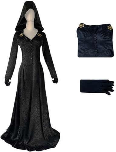 Hallojojo Lady Dimitrescu Kostüm Damen Cosplay Spiel 8 Daniela Dimitrescu Gothic Maxi Kapuzenkleid und Handschuhe Set für Fancy Dress Up Halloween Karneval Party Maskerade Verkleidung, Schwarz von Hallojojo