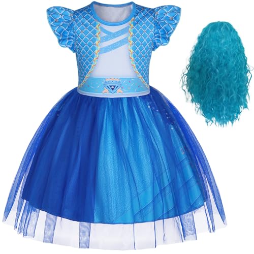 Hallojojo Mädchen Chloe Kostüm Fasching Cosplay Rise of Red Chloe Blau Tüll Print Kleid und Perücke für Halloween Weihnachten Karneval Party Geburtstag Maskenball Festkleid Verkleidung von Hallojojo