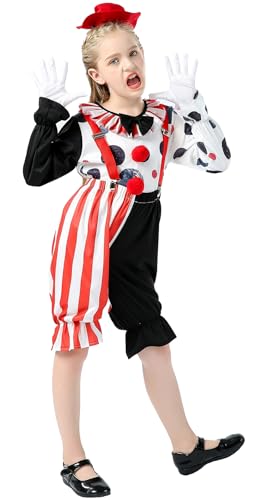 Hallojojo Mädchen Clown Kostüm mit Hut Fasching Cosplay Komisch Lustig Zirkus Clown Kostüme Set Top Shorts Träger für Fancy Dress Up Halloween Karneval Party Maskerade Verkleidung von Hallojojo