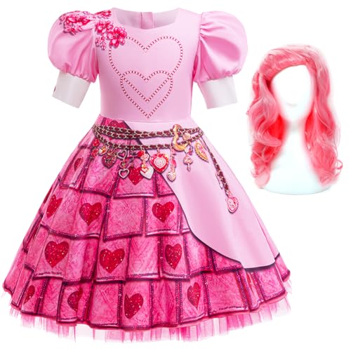 Hallojojo Mädchen Descendants Cosplay Kostüm mit Perücke Descendants Verkleidung Rise of Red Kostüm Rote Königin Rosa Kleid Weihnachten Halloween Karneval Party Fancy Kostüm für Kinder von Hallojojo