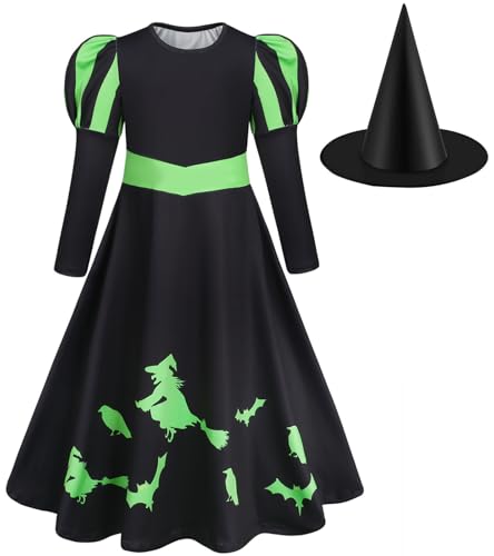 Hallojojo Mädchen Elphaba Kostüm mit Hut Fasching Cosplay Wicked Hexe Elphaba Schwarz Langarm Print Kleid für Fancy Dress Up Halloween Karneval Party Geburtstag Maskenball Festkleid Verkleidung Hallojojo Mädchen Elphaba Kostüm mit Hut Fasching Cosplay Wicked Hexe Elphaba Schwarz Langarm Print Kleid für Fancy Dress Up Halloween Karneval Party Geburtstag Maskenball Festkleid Verkleidung von Hallojojo