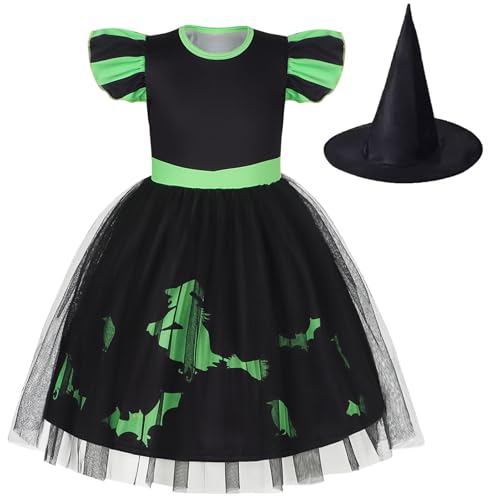 Hallojojo Mädchen Elphaba Kostüm mit Hut Fasching Cosplay Wicked Hexe Elphaba Schwarz Print Tüll Kleid für Fancy Dress Up Halloween Karneval Party Geburtstag Maskenball Festkleid Verkleidung von Hallojojo