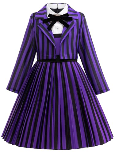 Hallojojo Mädchen Enid Sinclair Kostüm Fasching Cosplay Mittwoch 2 Nevermore Academy Lila Schwarz Streifen Schuluniform Set Jacke Kleid Fliege für Halloween Karneval Party Maskenball Verkleidung von Hallojojo