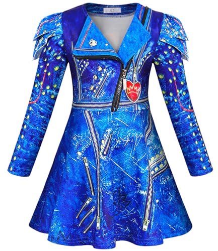 Hallojojo Mädchen Evil Kostüm Fasching Cosplay Nachkommen Evil Queen Langarm Print Kleid und Hose mit Perücken für Halloween Weihnachten Karneval Party Geburtstag Maskenball Festkleid Verkleidung von Hallojojo