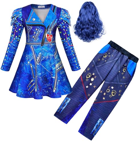Hallojojo Mädchen Evil Kostüm Fasching Cosplay Nachkommen Evil Queen Langarm Print Kleid und Hose mit Perücken für Halloween Weihnachten Karneval Party Geburtstag Maskenball Festkleid Verkleidung von Hallojojo