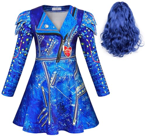 Hallojojo Mädchen Evil Kostüm Fasching Cosplay Nachkommen Evil Queen Langarm Print Kleid und Hose mit Perücken für Halloween Weihnachten Karneval Party Geburtstag Maskenball Festkleid Verkleidung von Hallojojo