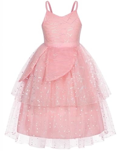 Hallojojo Mädchen Glinda ‌Kostüm Fasching Cosplay Wicked Fee Glinda Rosa Blumen Tüll Ballkleid für Fancy Dress Up Halloween Weihnachten Karneval Party Geburtstag Prinzessin Festkleid Verkleidung von Hallojojo