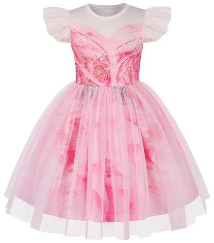 Hallojojo Mädchen Glinda ‌Kostüm Fasching Cosplay Wicked Fee Glinda Rosa Print Tüll Ballerina Ballkleid für Dress Up Halloween Weihnachten Karneval Party Geburtstag Prinzessin Festkleid Verkleidung von Hallojojo
