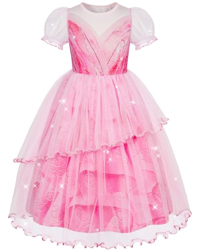 Hallojojo Mädchen Glinda ‌Kostüm Fasching Cosplay Wicked Fee Glinda Rosa Print Tüll Ballkleid für Fancy Dress Up Halloween Weihnachten Karneval Party Geburtstag Prinzessin Festkleid Verkleidung von Hallojojo