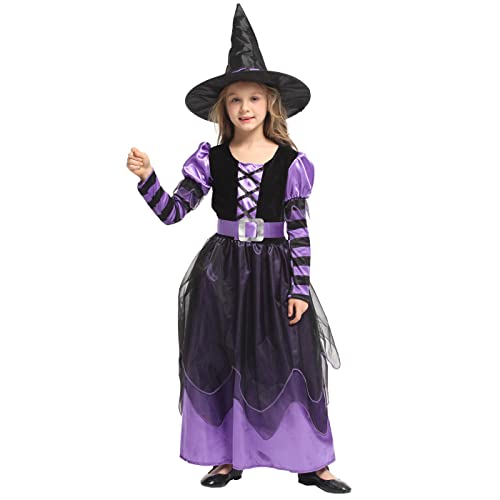 Hallojojo Mädchen Hexenkostüm mit Hut Kinder Hexen Kleid Witch Verkleidung Halloween Cosplay Karneval Fasching Party Outfits Lila 3-9 Jahre von Hallojojo