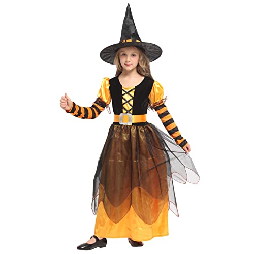 Hallojojo Mädchen Hexenkostüm mit Hut Kinder Hexen Kleid Witch Verkleidung Halloween Cosplay Karneval Fasching Party Outfits Orange 3-9 Jahre von Hallojojo