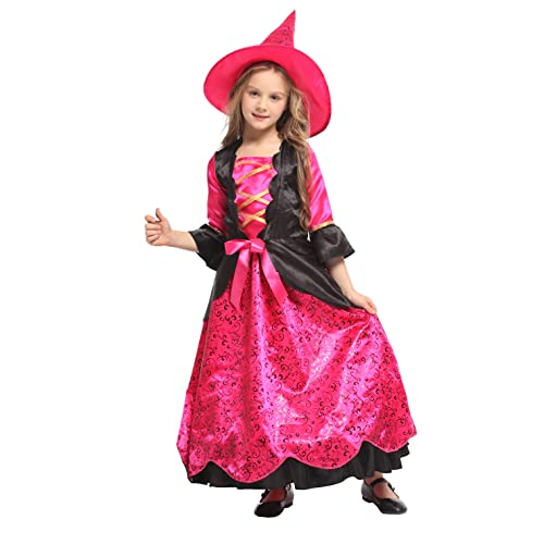 Hallojojo Mädchen Hexenkostüm mit Hut Kinder Hexen Kleid Witch Verkleidung Halloween Cosplay Karneval Fasching Party Outfits Rosa 3-9 Jahre von Hallojojo