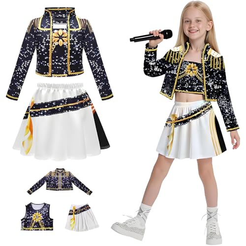 Hallojojo Mädchen Mira Cosplay Kostüm Set Anime Demon Hunters Verkleidung Girl Group Mira Uniform Schwarz Weihnachten Halloween Karneval Party Fancy Bühnenauftritt Kostüm Kinder Größe 100-160 von Hallojojo