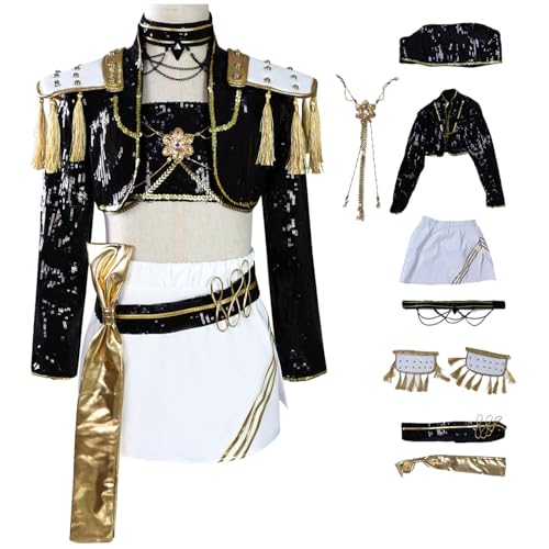 Hallojojo Mädchen Mira Cosplay Kostüm Set Anime Demon Hunters Verkleidung Girl Group Mira Uniform Schwarz Weihnachten Halloween Karneval Party Fancy Bühnenauftritt Kostüm Kinder Größe 110-150 von Hallojojo