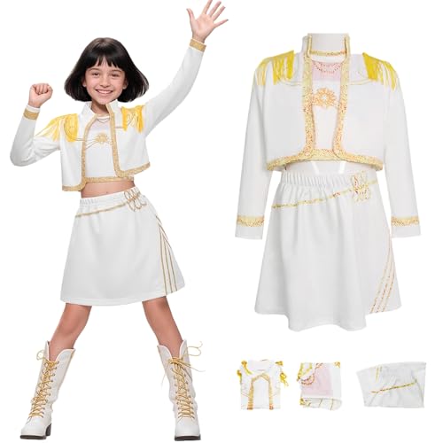 Hallojojo Mädchen Mira Cosplay Kostüm Set Anime Demon Hunters Verkleidung Girl Group Mira Uniform Weiß Weihnachten Halloween Karneval Party Fancy Bühnenauftritt Kostüm Kinder Größe 100-160 von Hallojojo