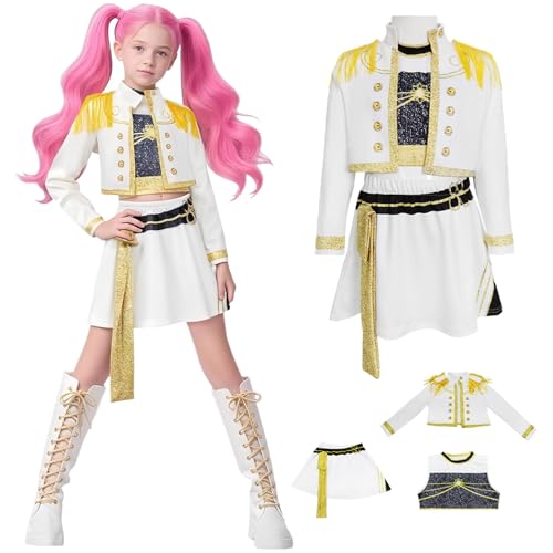Hallojojo Mädchen Mira Cosplay Kostüm Set Anime Demon Hunters Verkleidung Girl Group Mira Uniform Weiß Weihnachten Halloween Karneval Party Fancy Bühnenauftritt Kostüm Kinder Größe 100-160 von Hallojojo