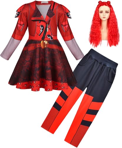 Hallojojo Mädchen Red Kostüm Fasching Cosplay Rise of Red Herzkönigin Tochter Red Print Kleid und Hose mit Perücken für Halloween Weihnachten Karneval Party Geburtstag Maskenball Festkleid Verkleidung von Hallojojo