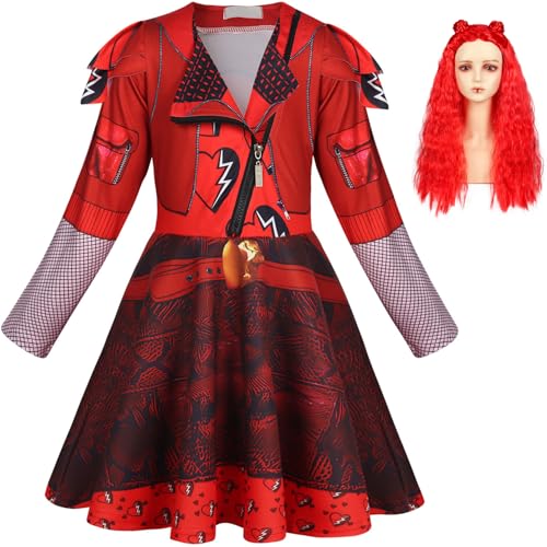 Hallojojo Mädchen Red Kostüm Fasching Cosplay Rise of Red Herzkönigin Tochter Red Print Kleid und Hose mit Perücken für Halloween Weihnachten Karneval Party Geburtstag Maskenball Festkleid Verkleidung von Hallojojo