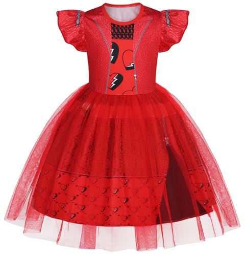Hallojojo Mädchen Red Kostüm Fasching Cosplay Rise of Red Tochter der Herzkönigin Red Tüll Print Kleid und Perücke für Halloween Weihnachten Karneval Party Geburtstag Maskenball Festkleid Verkleidung von Hallojojo