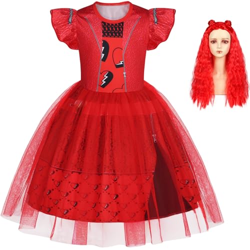 Hallojojo Mädchen Red Kostüm Fasching Cosplay Rise of Red Tochter der Herzkönigin Red Tüll Print Kleid und Perücke für Halloween Weihnachten Karneval Party Geburtstag Maskenball Festkleid Verkleidung von Hallojojo