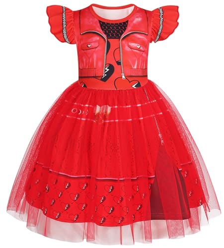 Hallojojo Mädchen Red Kostüm Fasching Cosplay Rise of Red Tochter der Herzkönigin Red Tüll Print Kleid und Perücke für Weihnachten Karneval Halloween Party Geburtstag Maskenball Festkleid Verkleidung von Hallojojo