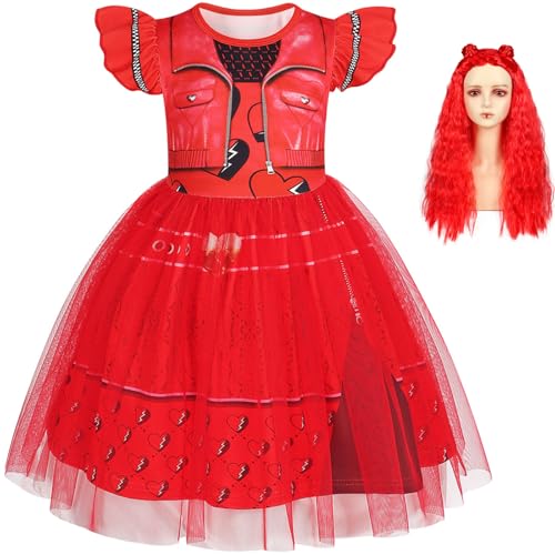 Hallojojo Mädchen Red Kostüm Fasching Cosplay Rise of Red Tochter der Herzkönigin Red Tüll Print Kleid und Perücke für Weihnachten Karneval Halloween Party Geburtstag Maskenball Festkleid Verkleidung von Hallojojo