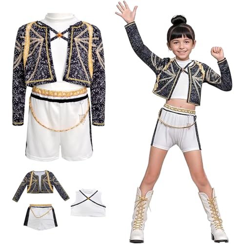 Hallojojo Mädchen Rumi Cosplay Kostüm Set Anime Demon Hunters Verkleidung Girl Group Rumi Uniform Schwarz Weihnachten Halloween Karneval Party Fancy Bühnenauftritt Kostüm Kinder Größe 100-160 von Hallojojo