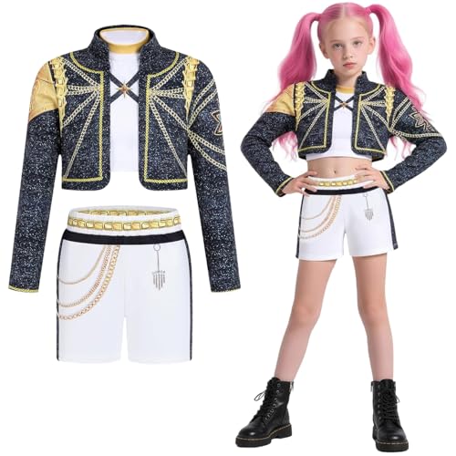 Hallojojo Mädchen Rumi Cosplay Kostüm Set Anime Demon Hunters Verkleidung Girl Group Rumi Uniform Schwarz Weihnachten Halloween Karneval Party Fancy Bühnenauftritt Kostüm Kinder Größe 100-160 von Hallojojo