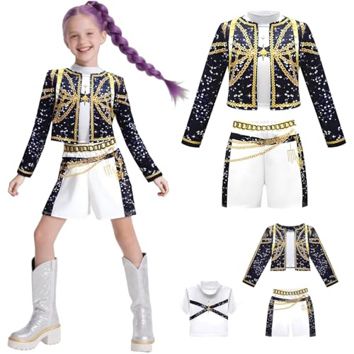 Hallojojo Mädchen Rumi Cosplay Kostüm Set Anime Demon Hunters Verkleidung Girl Group Rumi Uniform Schwarz Weihnachten Halloween Karneval Party Fancy Bühnenauftritt Kostüm Kinder Größe 100-160 von Hallojojo