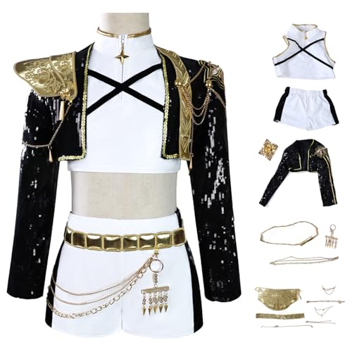 Hallojojo Mädchen Rumi Cosplay Kostüm Set Anime Demon Hunters Verkleidung Girl Group Rumi Uniform Schwarz Weihnachten Halloween Karneval Party Fancy Bühnenauftritt Kostüm Kinder Größe 110-150 von Hallojojo