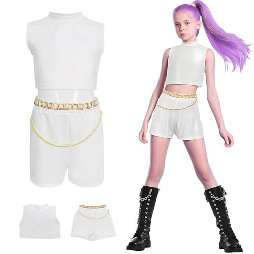 Hallojojo Mädchen Rumi Cosplay Kostüm Set Anime Demon Hunters Verkleidung Girl Group Rumi Uniform Weiß Weihnachten Halloween Karneval Party Fancy Bühnenauftritt Kostüm Kinder Größe 100-160 von Hallojojo