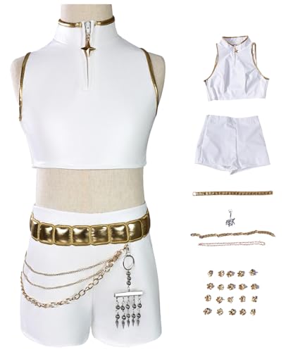 Hallojojo Mädchen Rumi Cosplay Kostüm Set Anime Demon Hunters Verkleidung Girl Group Rumi Uniform Weiß Weihnachten Halloween Karneval Party Fancy Bühnenauftritt Kostüm Kinder Größe 110-150 von Hallojojo
