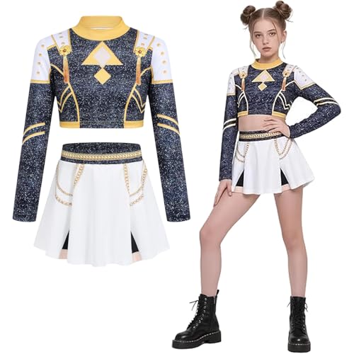 Hallojojo Mädchen Zoe Cosplay Kostüm Set Anime Demon Hunters Verkleidung Girl Group Zoe Uniform Schwarz Weihnachten Halloween Karneval Party Fancy Bühnenauftritt Kostüm Kinder Größe 100-160 von Hallojojo