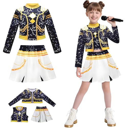 Hallojojo Mädchen Zoe Cosplay Kostüm Set Anime Demon Hunters Verkleidung Girl Group Zoe Uniform Schwarz Weihnachten Halloween Karneval Party Fancy Bühnenauftritt Kostüm Kinder Größe 100-160 von Hallojojo